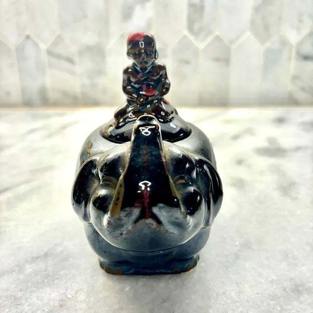 Vintage Elephant Boy Rider Pottery Ceramic Sugar Bowl Or Trinket Brown 5